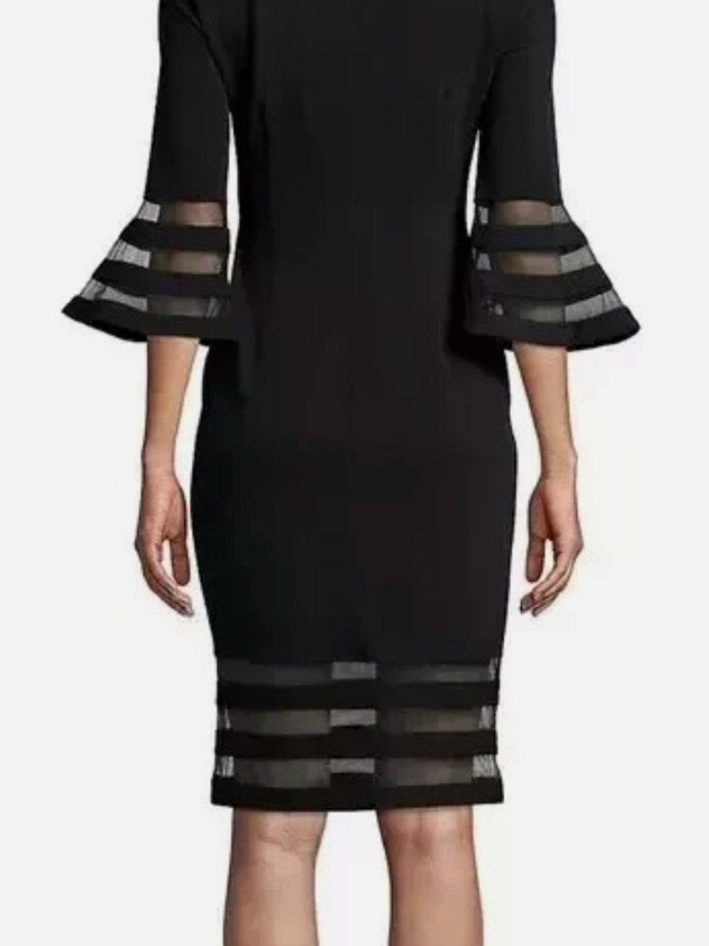 Calvin Klein Black Midi Dress with Sheer Stripe Bell Sleeves